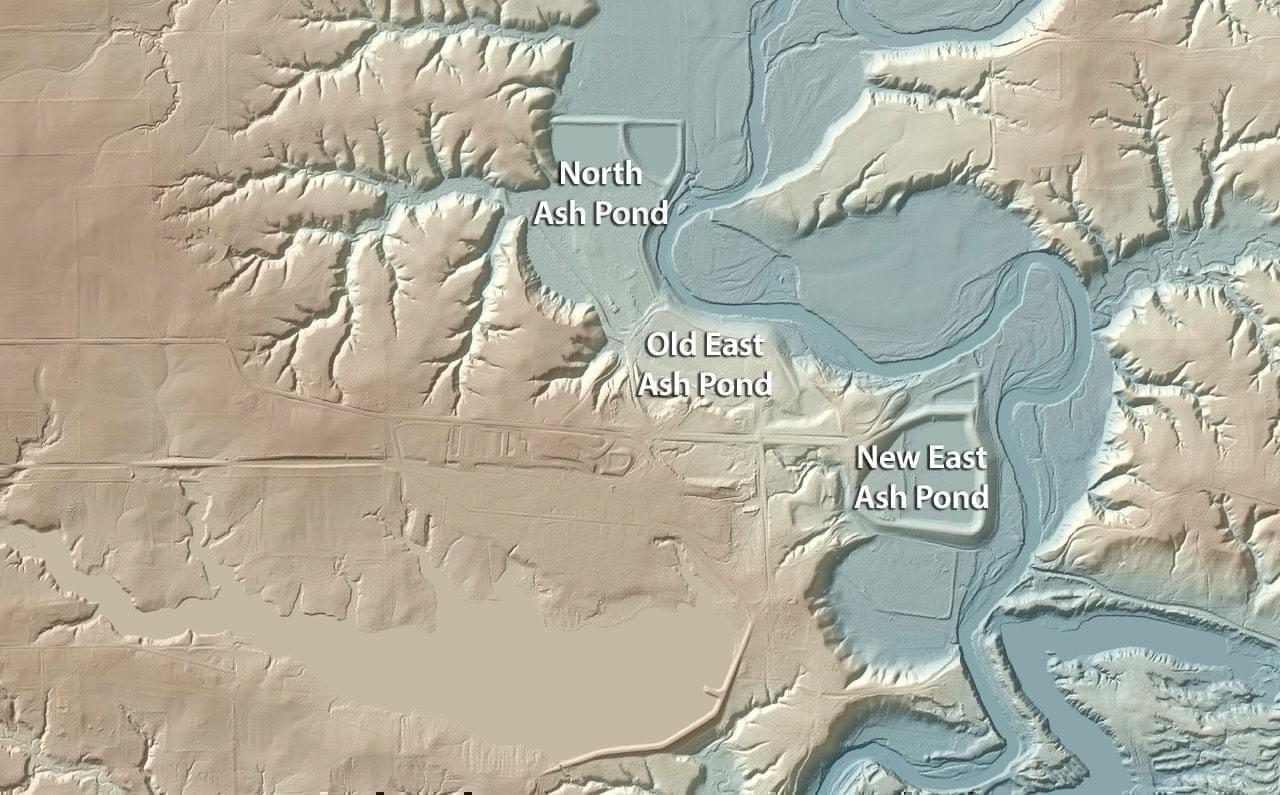 This lidar image shows the main channel and the floodplain of the Middle Fork River with the coal ash ponds in the floodplain