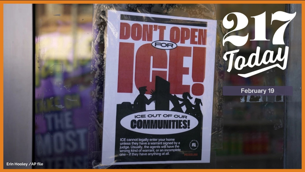 A sign regarding the U.S. Immigration and Customs Enforcement is posted on the window of a corner store on the day of President Trump's Inauguration on Jan. 20, 2025, in the predominantly Latino Little Village neighborhood Chicago.