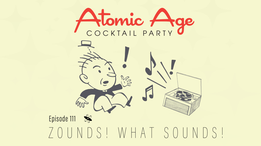 Atomic Age logo with an illustration of man jumping at the sounds coming out of a record player. Text reads 