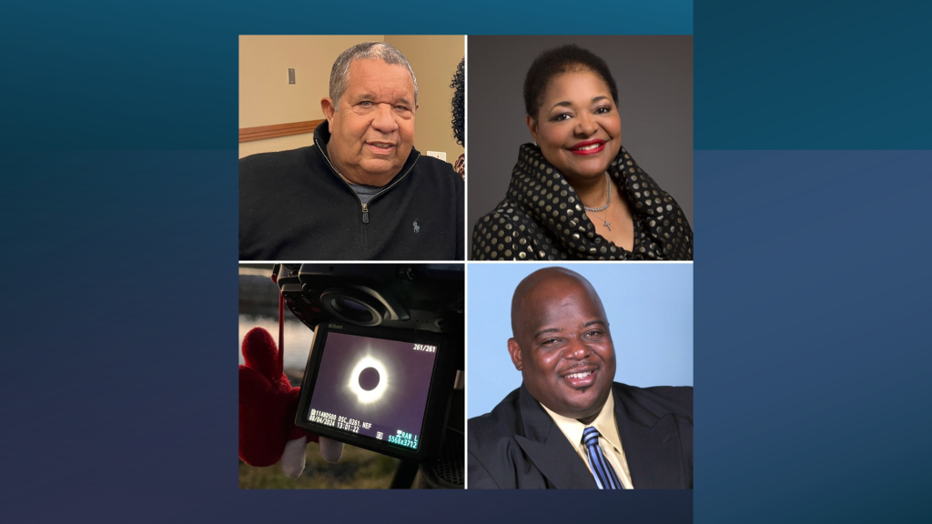 Top row: Michael Roberts and Ollie Watts Davis; bottom row: camera capturing eclipse in Cairo, Illinois; and William Patterson.