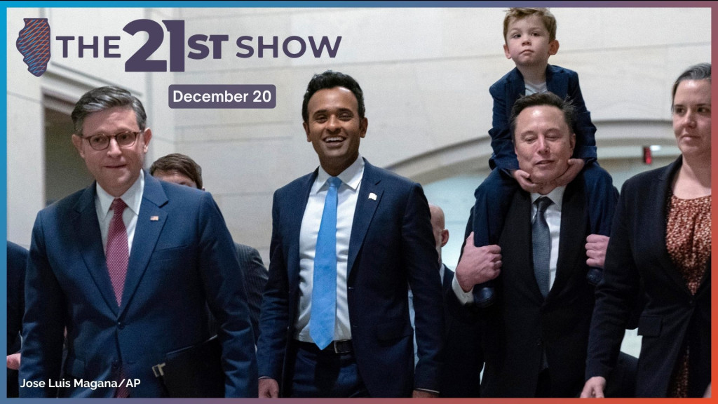 Flanked by aides, Johnson, Ramaswamy and Musk walk through the U.S. Capitol Complex. Musk is carrying his son on his shoulders.