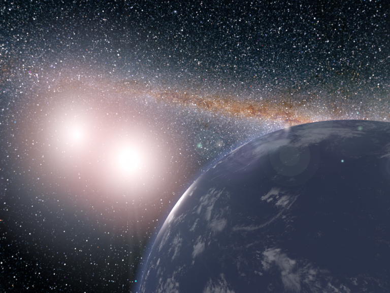 An artist’s concept of what a watery planet might look like orbiting the twin suns we call Kepler-35A and B.