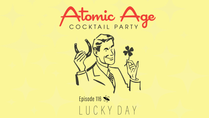 Atomic Age logo with an illustration of man holding a horse shoe and a four-leaf clover. Text reads 