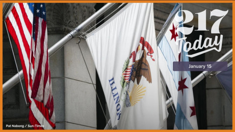 The Illinois state flag is displayed on a building on West Monroe Street in the Loop, Thursday, Aug. 29, 2024.