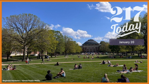 University of Illinois students sit on the Quad on campus.