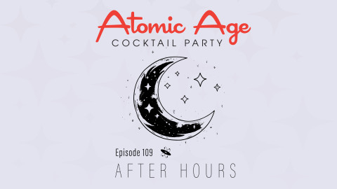 Atomic Age logo with an illustration of a crescent moon and stars. Text reads 