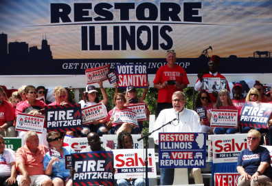 State Sen. Darren Bailey, the Republican candidate for governor in 2022, speaks at Republican Day at the Illinois State Fair.