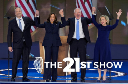 Second gentleman Doug Emhoff, from left, Democratic presidential nominee Vice President Kamala Harris, her running mate Minnesota Gov. Tim Walz and his wife Gwen Walz pose on stage at the Democratic National Convention Thursday, Aug. 22, 2024, in Chicago. 