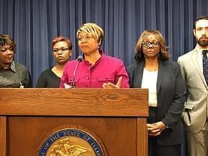 State Sen. Patricia Van Pelt, D-Chicago, discusses her bill at a press conference. On the right is Sen. Mattie Hunter, D-Chicago.